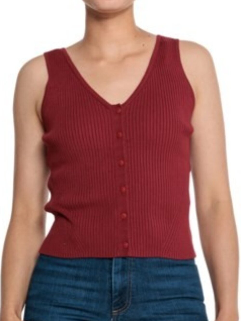 Madewell Cate Ribbed Knit Button Front Tank Top V-Neck Garnet Stone Size Large